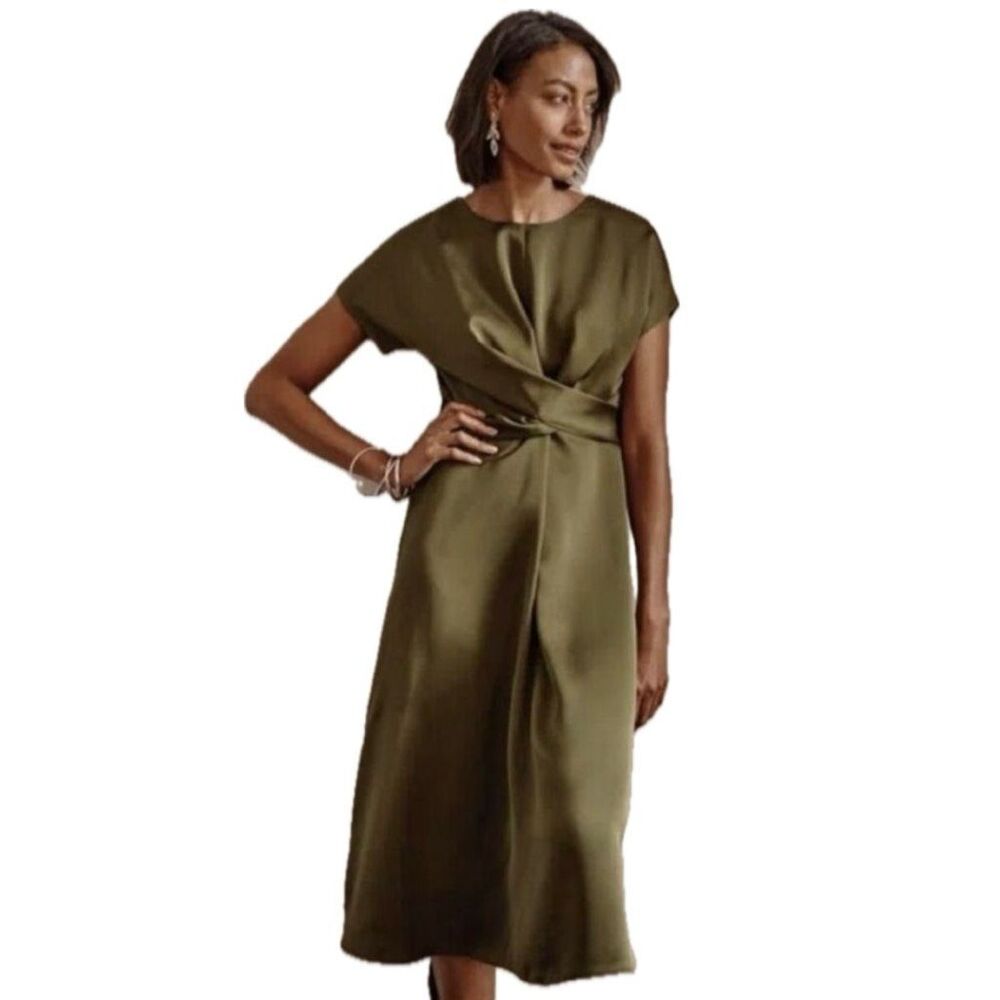J.Jill Satin Wrap Tie Twist Front Dress Olive Green Size Large Petite NWT